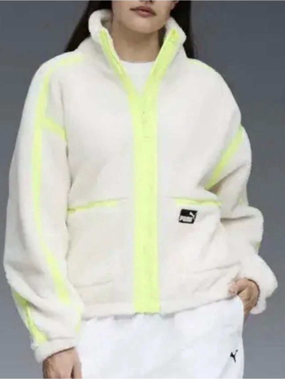 PUMA Size L Sherpa Fleece Jacket With Woven Details ZIP UP Cream/Neon Green new